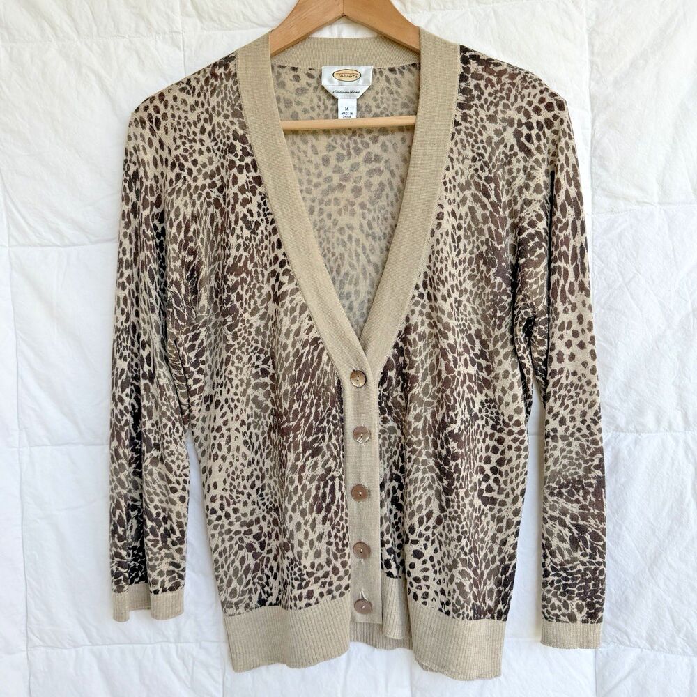 Talbots Silk Cashmere Cardigan Button Up Cheetah Print Size Medium